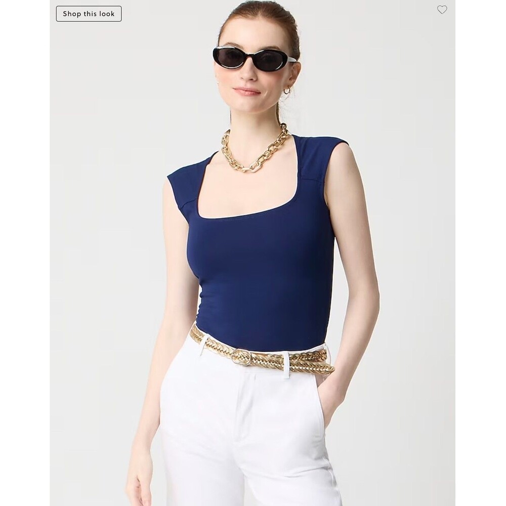 J.CREW Cap-Sleeve Stretch Cotton-Blend Squareneck Tank Top XXL Navy Blue NWT B77
